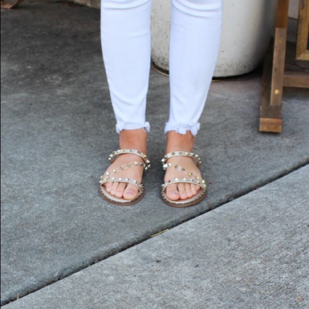 Studded Triple-Strap Women's Sandals in Nude